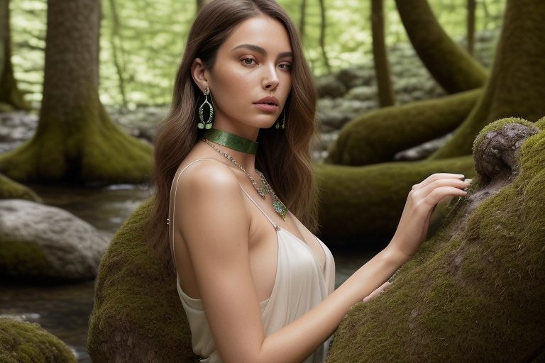 A portrait of a woman in a mystical forest setting, adorned with elegant moss agate jewelry. She wears striking green gemstone earrings, a delicate moss agate necklace, and a matching choker that enhances her ethereal look. Dressed in a flowing ivory gown, she poses gracefully against moss-covered rocks and tree roots, blending harmoniously with nature. The soft lighting and lush green background add to the enchanting, fairy-tale ambiance.